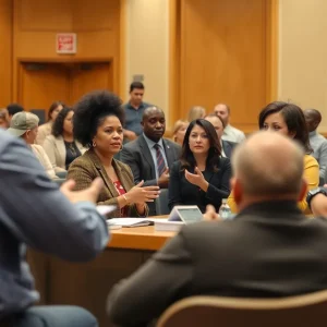 Citizens participating in a community forum on public safety