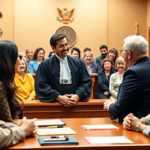 A kind judge in a courtroom with people around