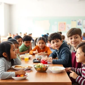 Students enjoying free school meals in a cafeteria