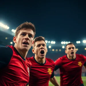Soccer players in action during a night match between Houston Dynamo and Austin FC.