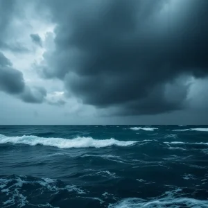 A powerful hurricane off the coast, showcasing turbulent seawater and stormy skies.