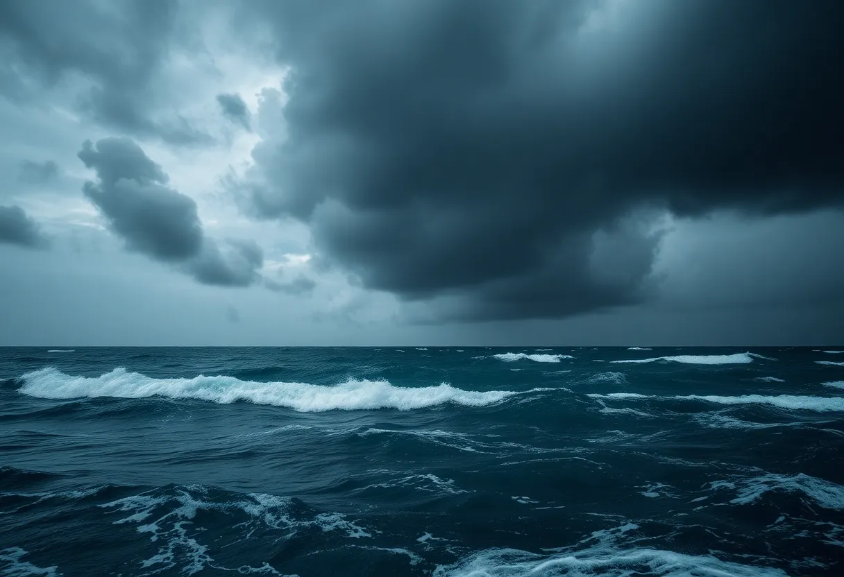 A powerful hurricane off the coast, showcasing turbulent seawater and stormy skies.