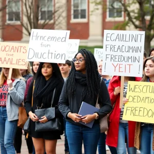 Students holding signs advocating for the rights of Iranian students at UT Austin