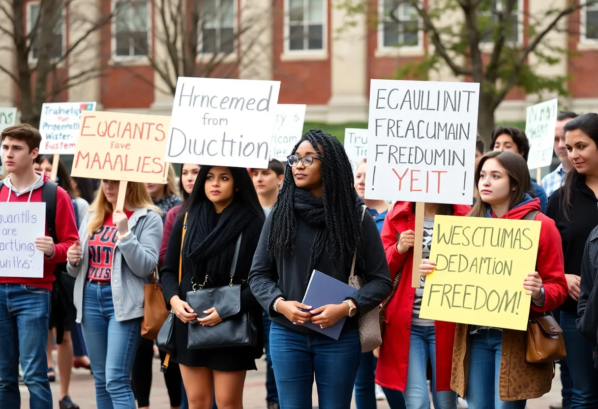 Students holding signs advocating for the rights of Iranian students at UT Austin