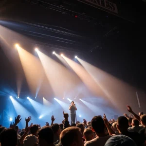Concert scene featuring a performer with a vibrant audience in a theater setting.