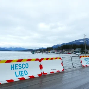 Flooded streets in Juneau, Alaska with Hesco barriers protecting homes