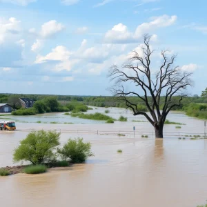 Scene of the Kerrville flood disaster showing emergency response efforts