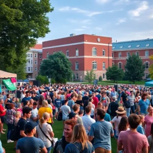 Outdoor concert at the University of Texas with fans and merchandise stands