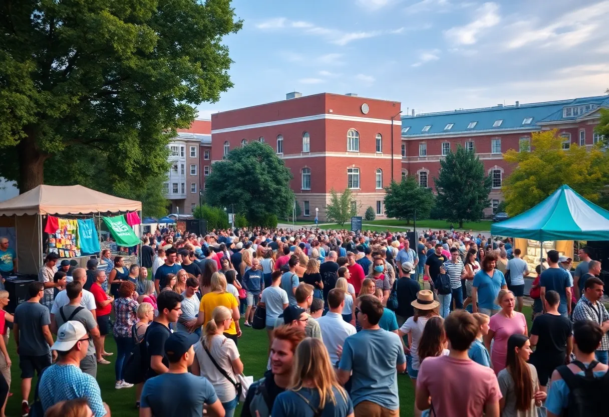 Outdoor concert at the University of Texas with fans and merchandise stands