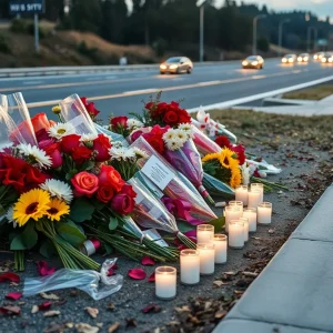 Memorial with flowers for women killed in crash