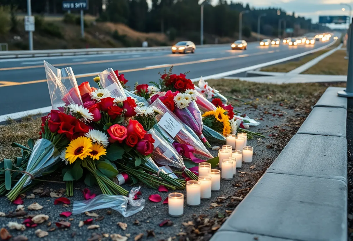 Memorial with flowers for women killed in crash
