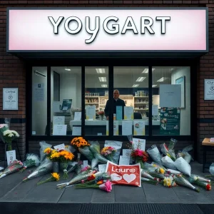 Memorial items outside a closed yogurt shop in Austin