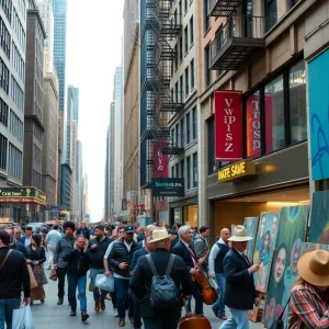Vibrant street scene in New York City with musicians performing.