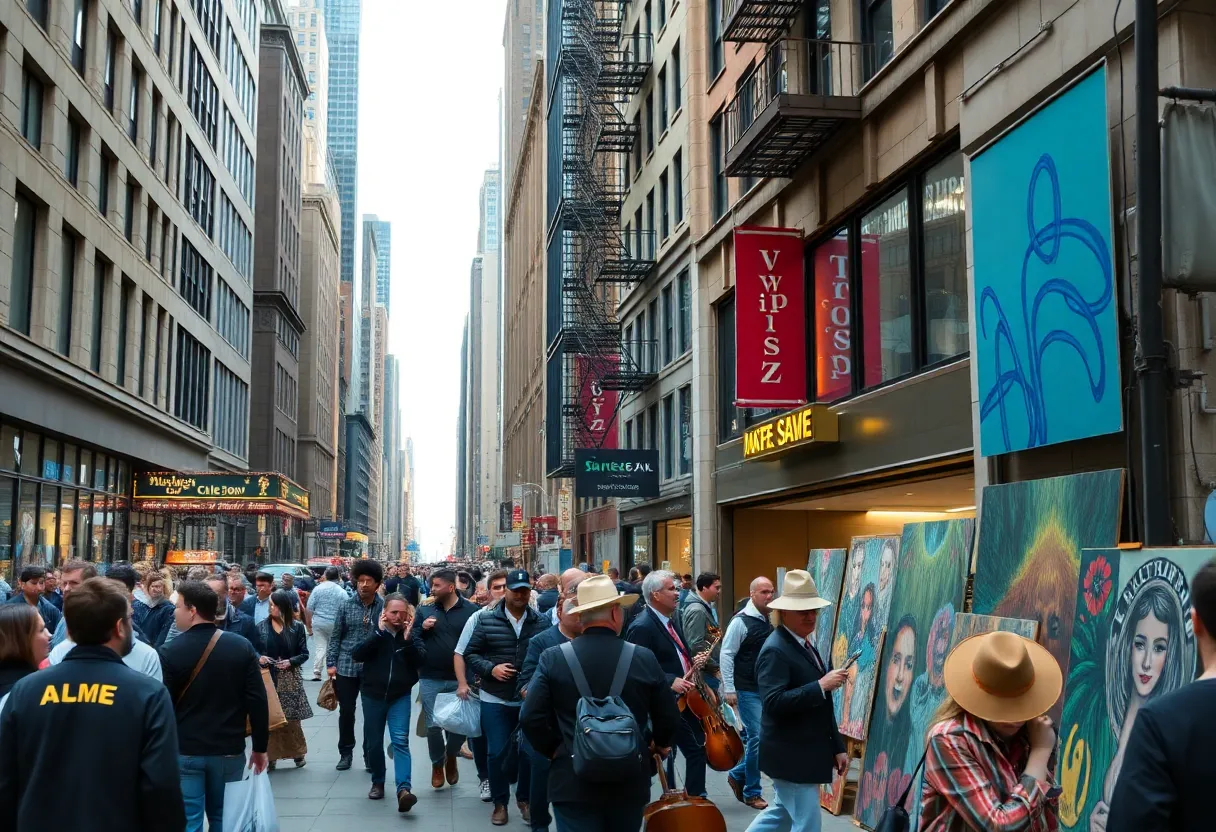Vibrant street scene in New York City with musicians performing.