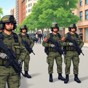 National Guard troops preparing for deployment in urban areas.