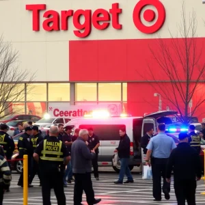 Police and emergency vehicles at the scene of a shooting outside a retail store in North Austin.