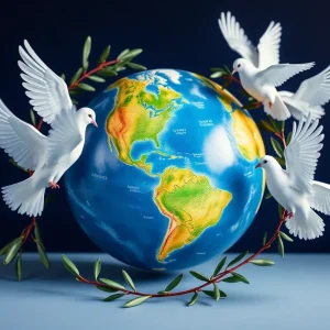 Symbol of peace represented with a globe and olive branches