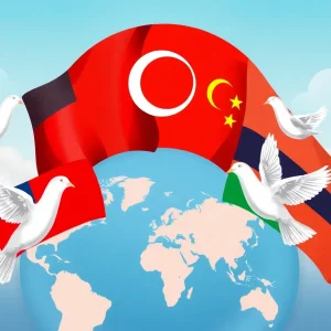 Symbolic representation of peace talks between U.S. and Russia regarding Ukraine