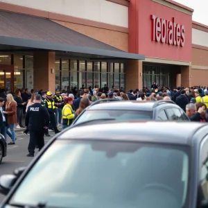 Parking lot outside a store with police responding to a shooting incident