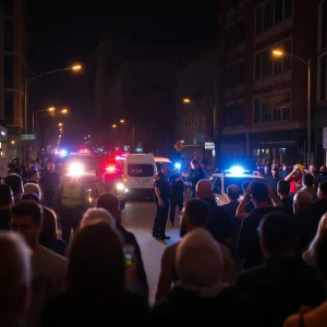 Police lights illuminating a street in Austin during a late-night incident.