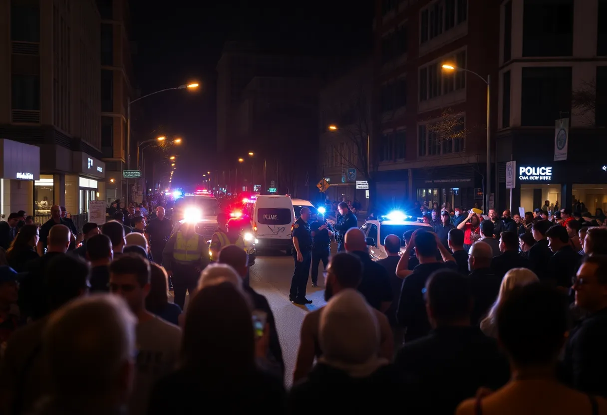Police lights illuminating a street in Austin during a late-night incident.