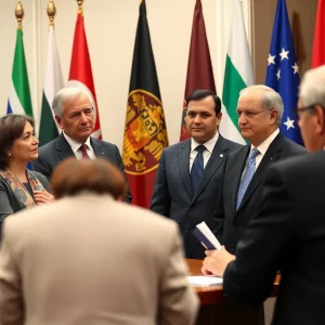 Diverse group of political officials discussing diplomacy with various flags