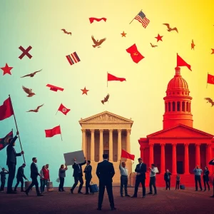 Abstract representation of political turmoil in Texas concerning redistricting.