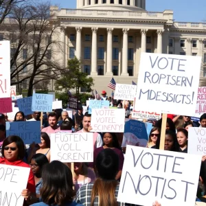 Crowd of protesters at a state capitol building rallying against redistricting plans.