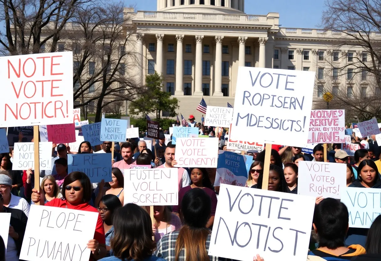 Crowd of protesters at a state capitol building rallying against redistricting plans.