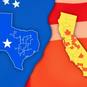 Maps of Texas and California showing congressional districts