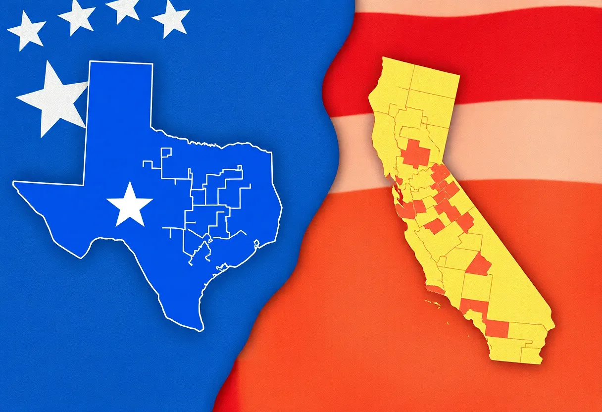 Maps of Texas and California showing congressional districts