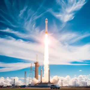 Rockets launching into the sky from a spaceport