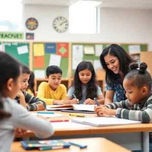 Students participating in a classroom activity with their teacher