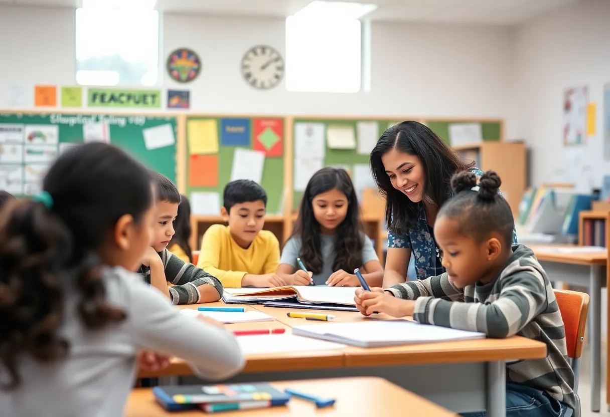 Students participating in a classroom activity with their teacher