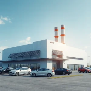 Overview of Tesla Gigafactory with electric vehicles and solar panels