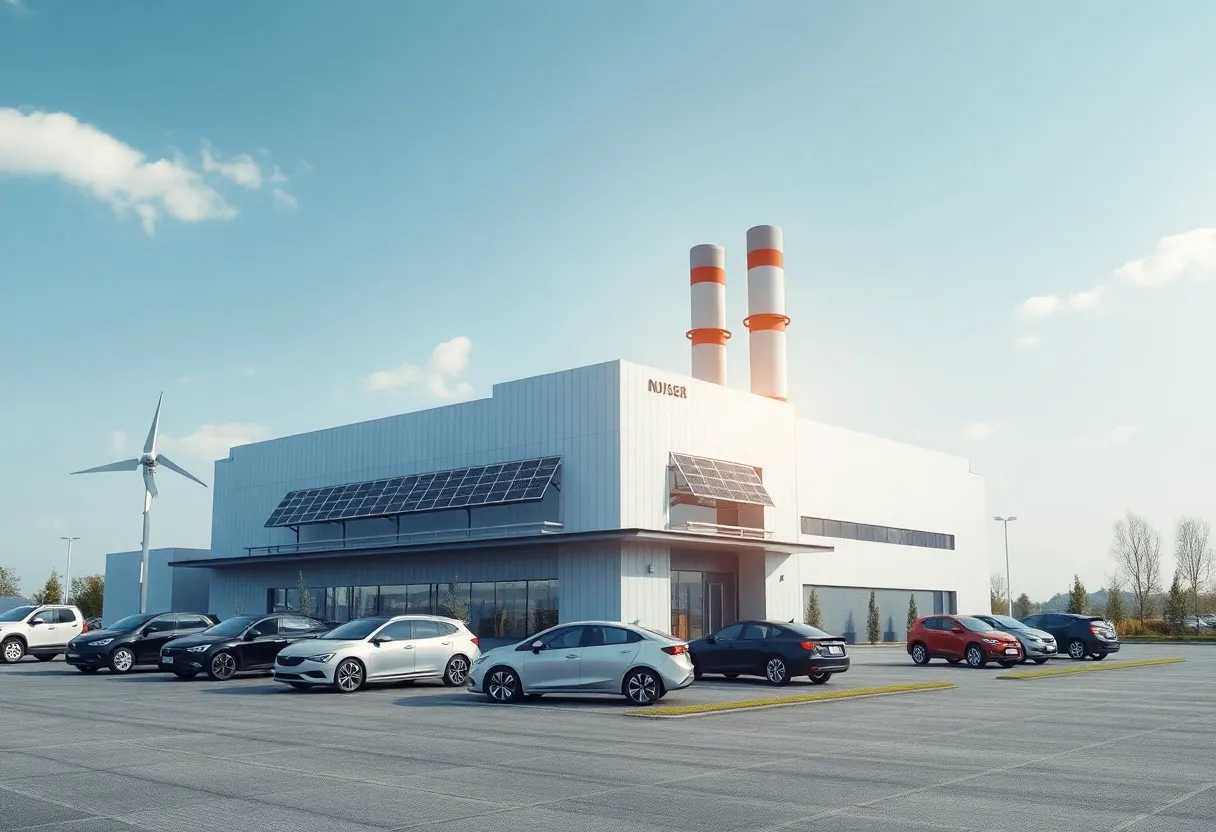 Overview of Tesla Gigafactory with electric vehicles and solar panels