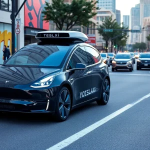 Autonomous Tesla Robotaxi on a street in Austin, Texas