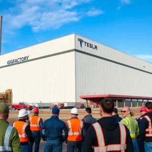 Exterior view of the Tesla Gigafactory in Austin with workers outside.