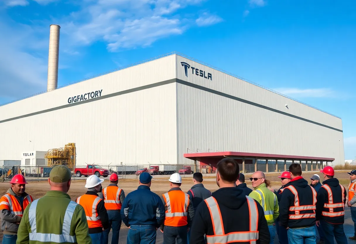 Exterior view of the Tesla Gigafactory in Austin with workers outside.