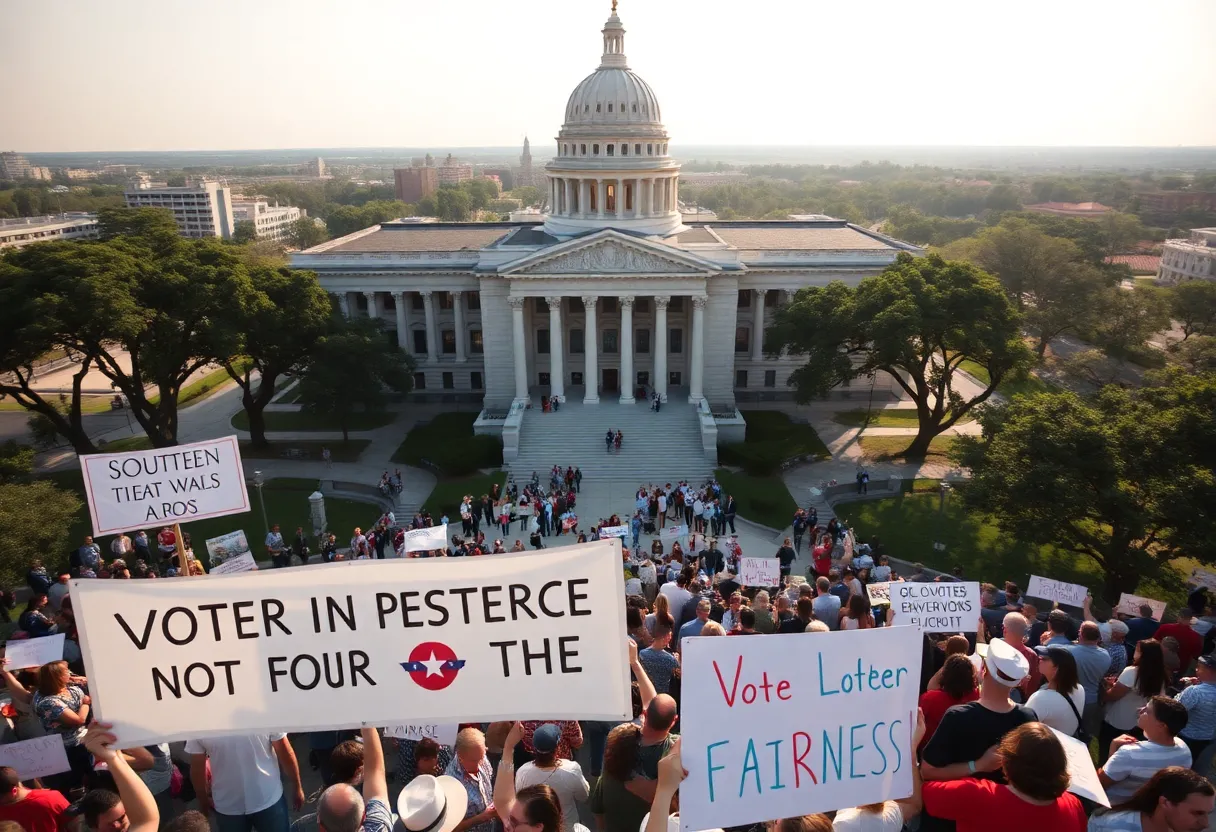 Protesters at the Texas Capitol advocating for fair redistricting practices.