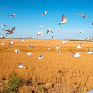 A beautiful dove hunting landscape in Texas showcasing fields and blue skies.