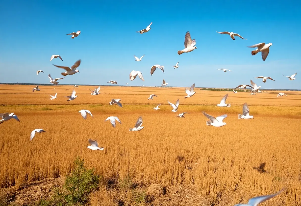 A beautiful dove hunting landscape in Texas showcasing fields and blue skies.