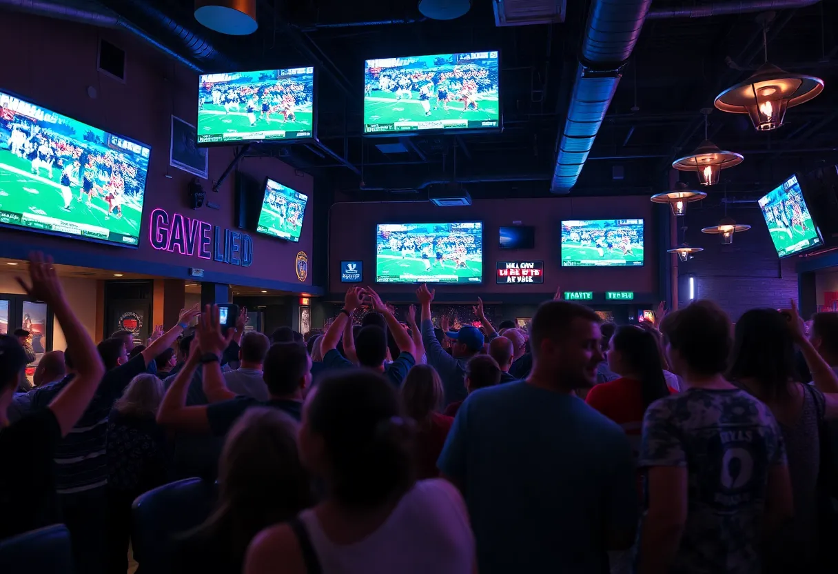 Fans celebrating at a Texas Longhorns football watch party