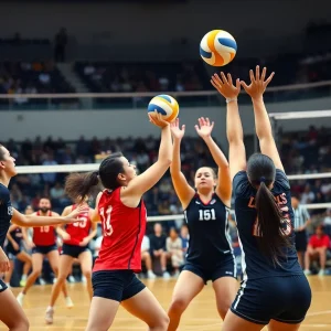 Texas Longhorns volleyball players competing during a match