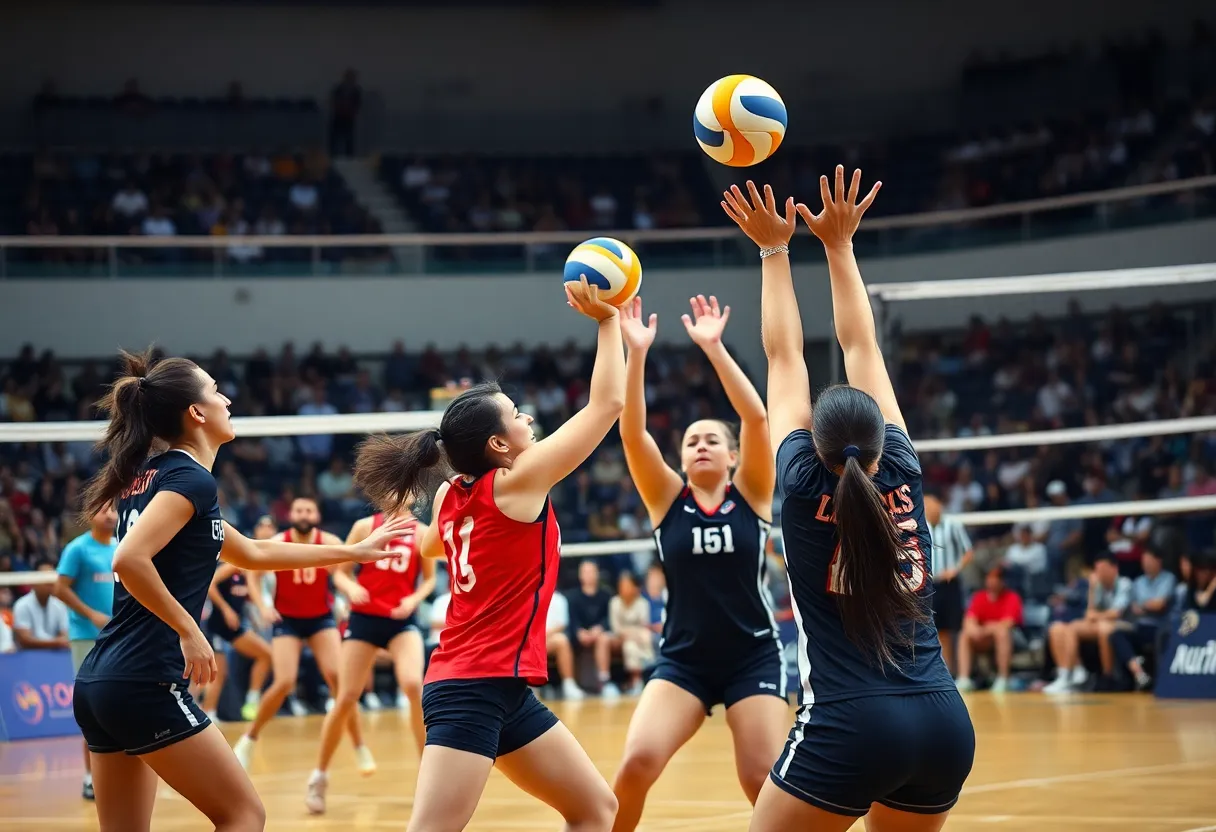 Texas Longhorns volleyball players competing during a match