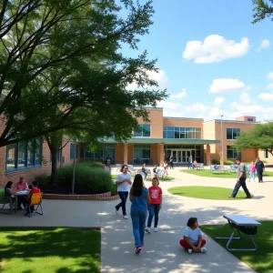 A vibrant middle school campus in Texas with students learning.
