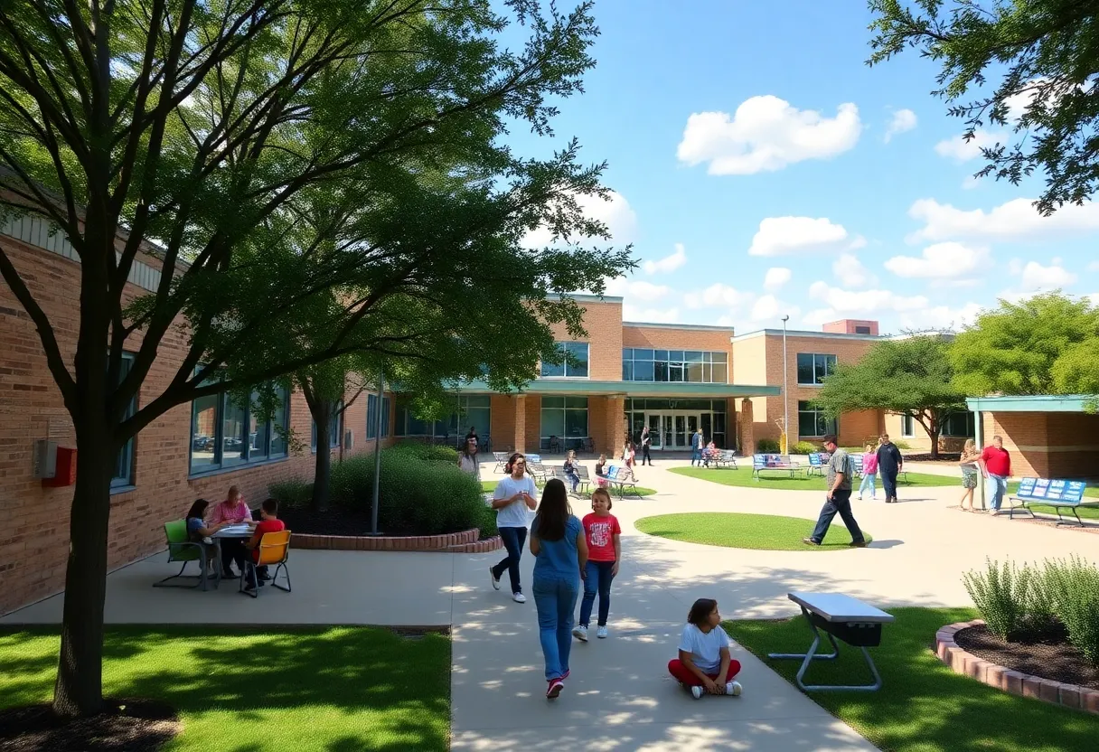 A vibrant middle school campus in Texas with students learning.