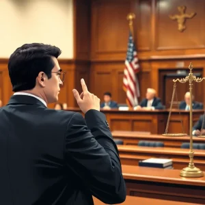 Courtroom scene representing political dispute over Texas redistricting