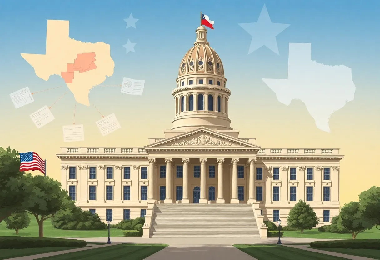 Illustration of Texas State Capitol with political discussions