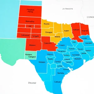 An artistic representation of the Texas redistricting map showcasing various districts.